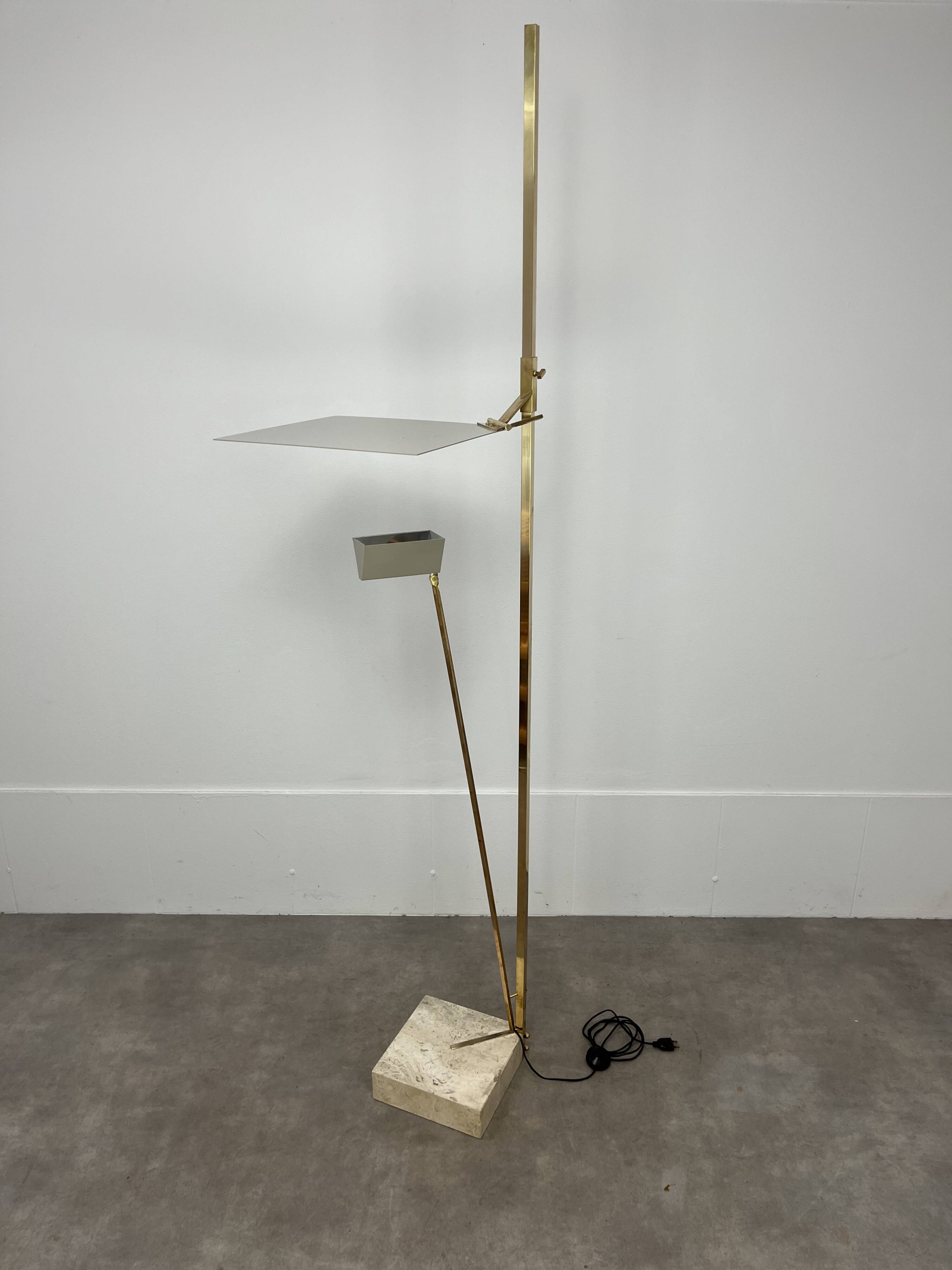 70s design floor lamp, brass and travertine, Hollywood Regency