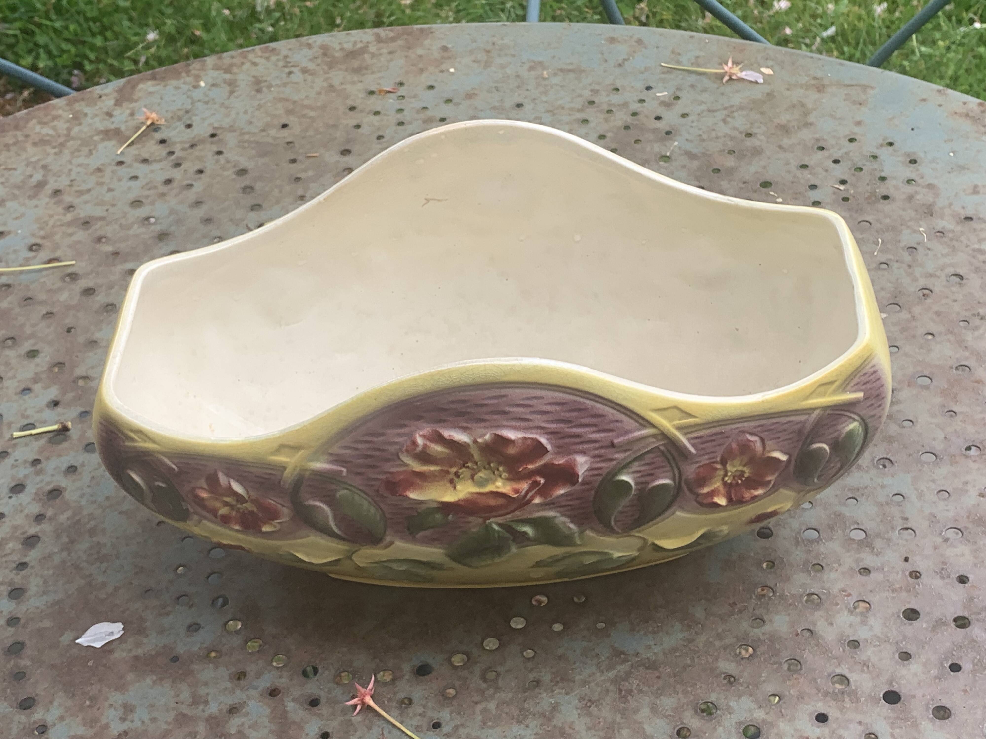Yellow glazed ceramic slip planter, hawthorn pink flower pattern, art deco