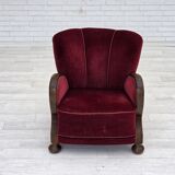 1950s, Danish relax armchair, cherry-red furniture velour, dark beech wood.