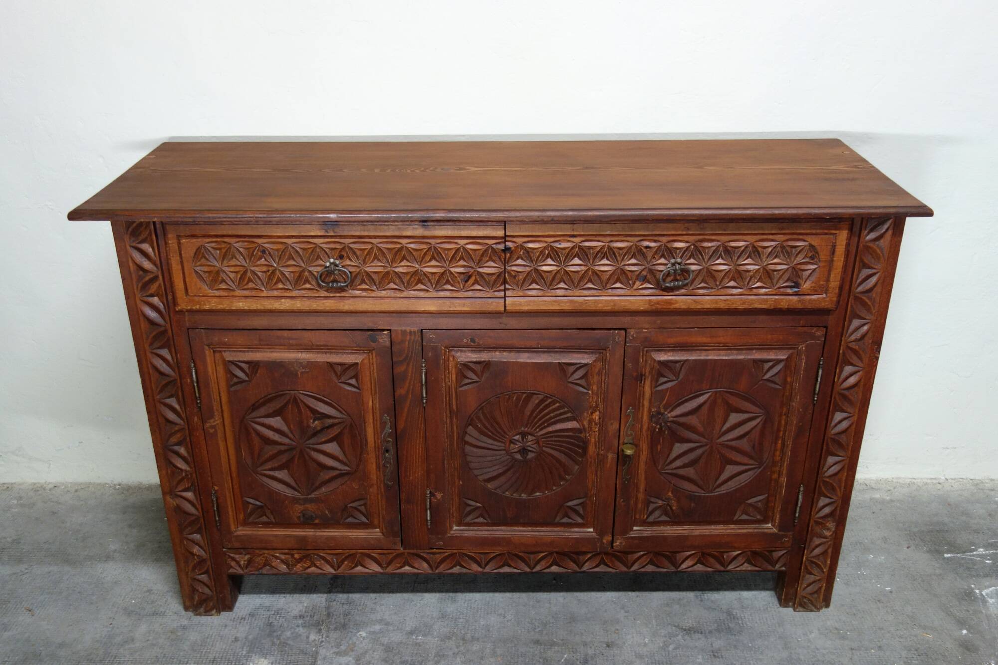 Carved pine sideboard, mountain folk art, 1950s