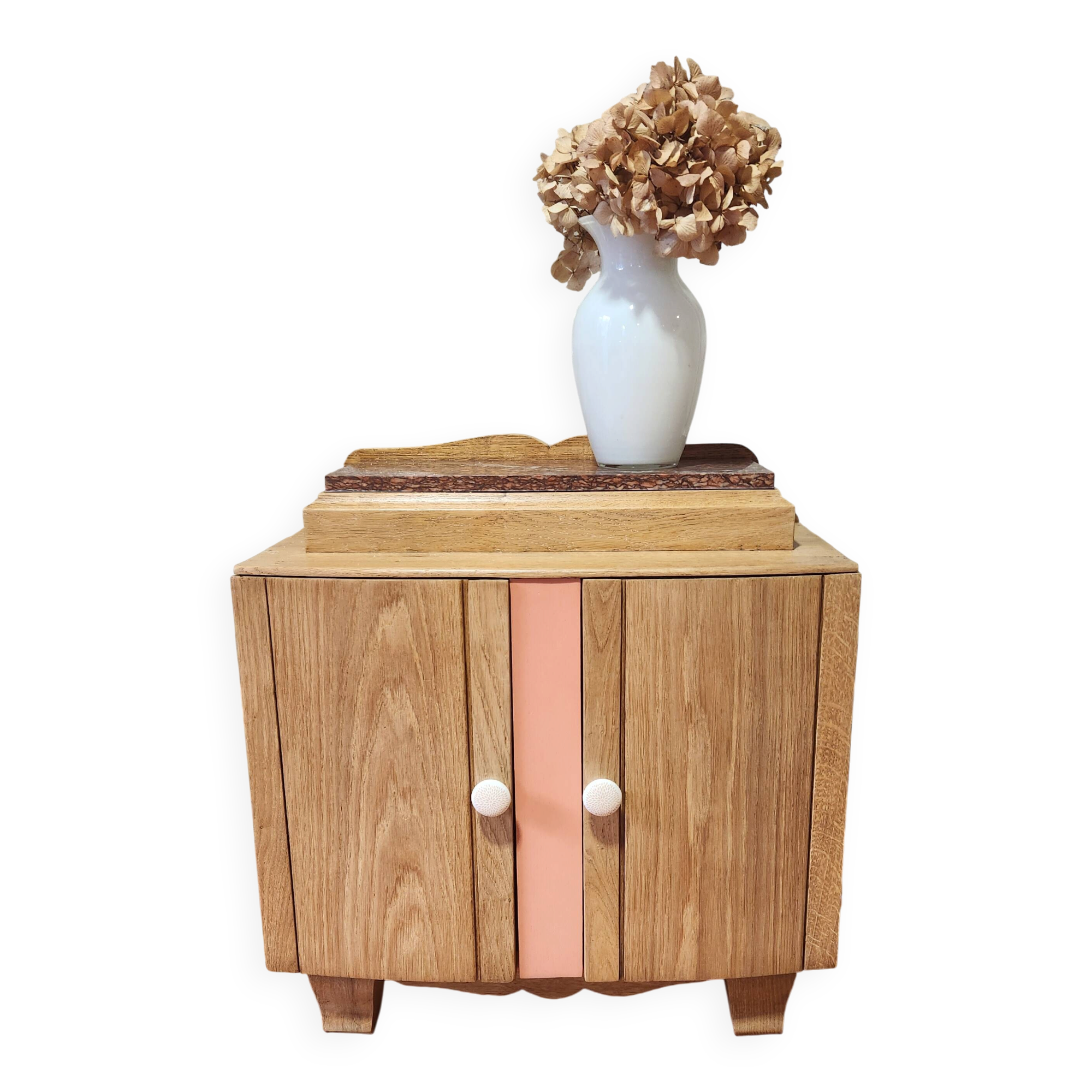 wood and marble bedside table revamped in terracotta