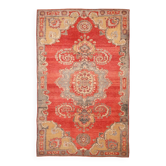 Tapis vintage rouge et beige 6X10 fabriqué en Anatolie, 184x296 cm