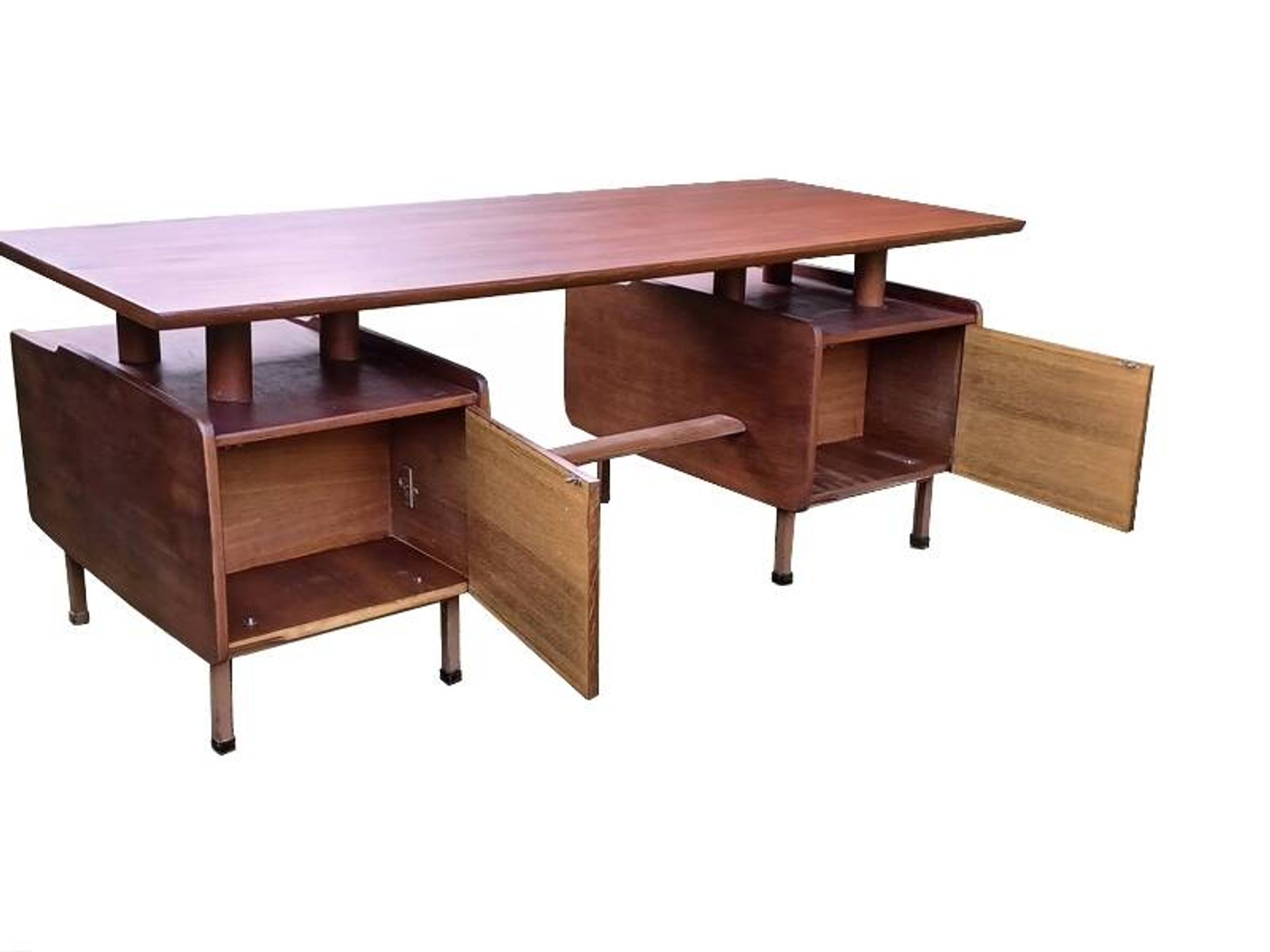 Vintage 1950s teak desk by designer Jacques Hauville.