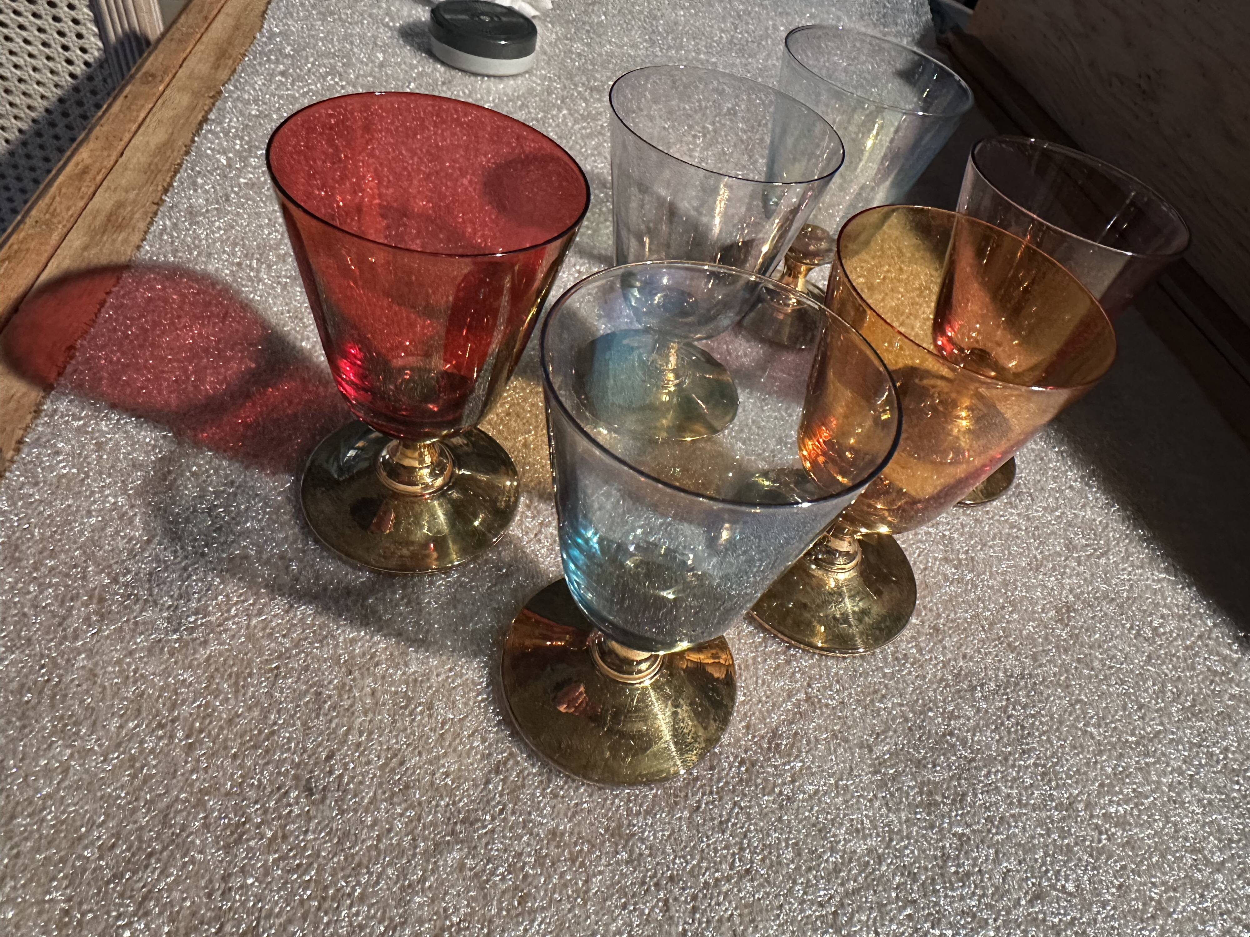 6 iridescent colored crystal liqueur glasses with gold stems / art-deco