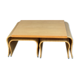 Pine wood and ratan table with 2 ottomans