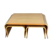 Pine wood and ratan table with 2 ottomans