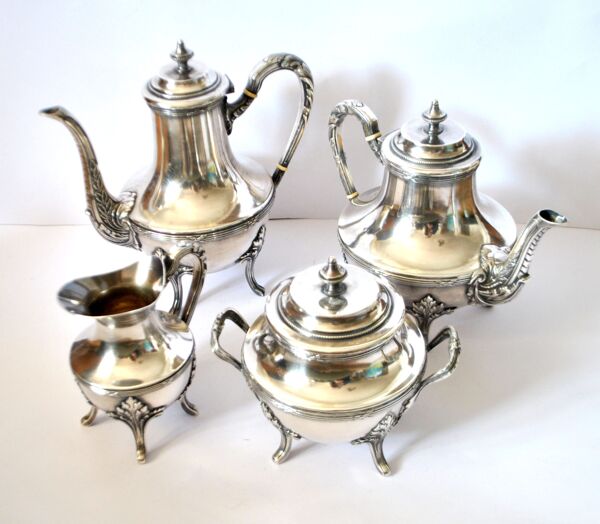 Service à café ancien théière cafetière en métal argenté décor feuille acanthe - orfèvre A. Frenais
