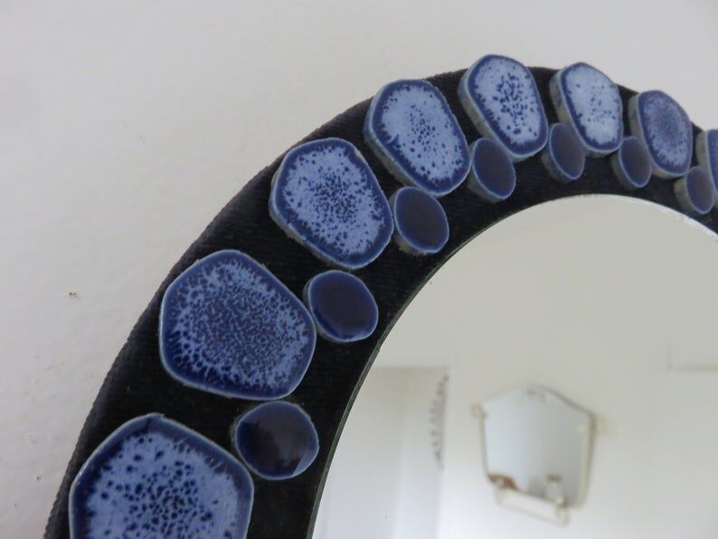 Blue ceramic round mirror 60 70s
