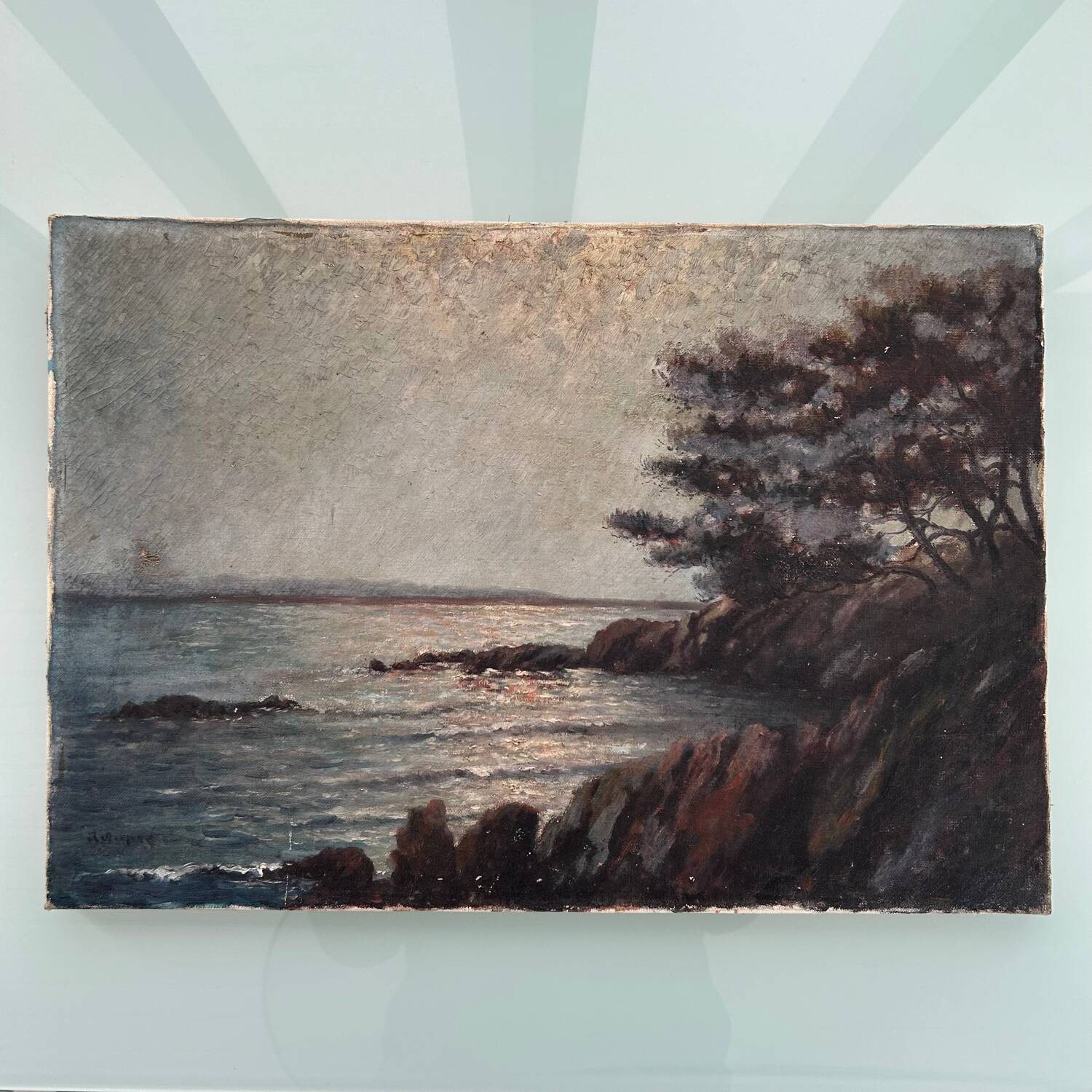 Old painting of sunrise over the sea