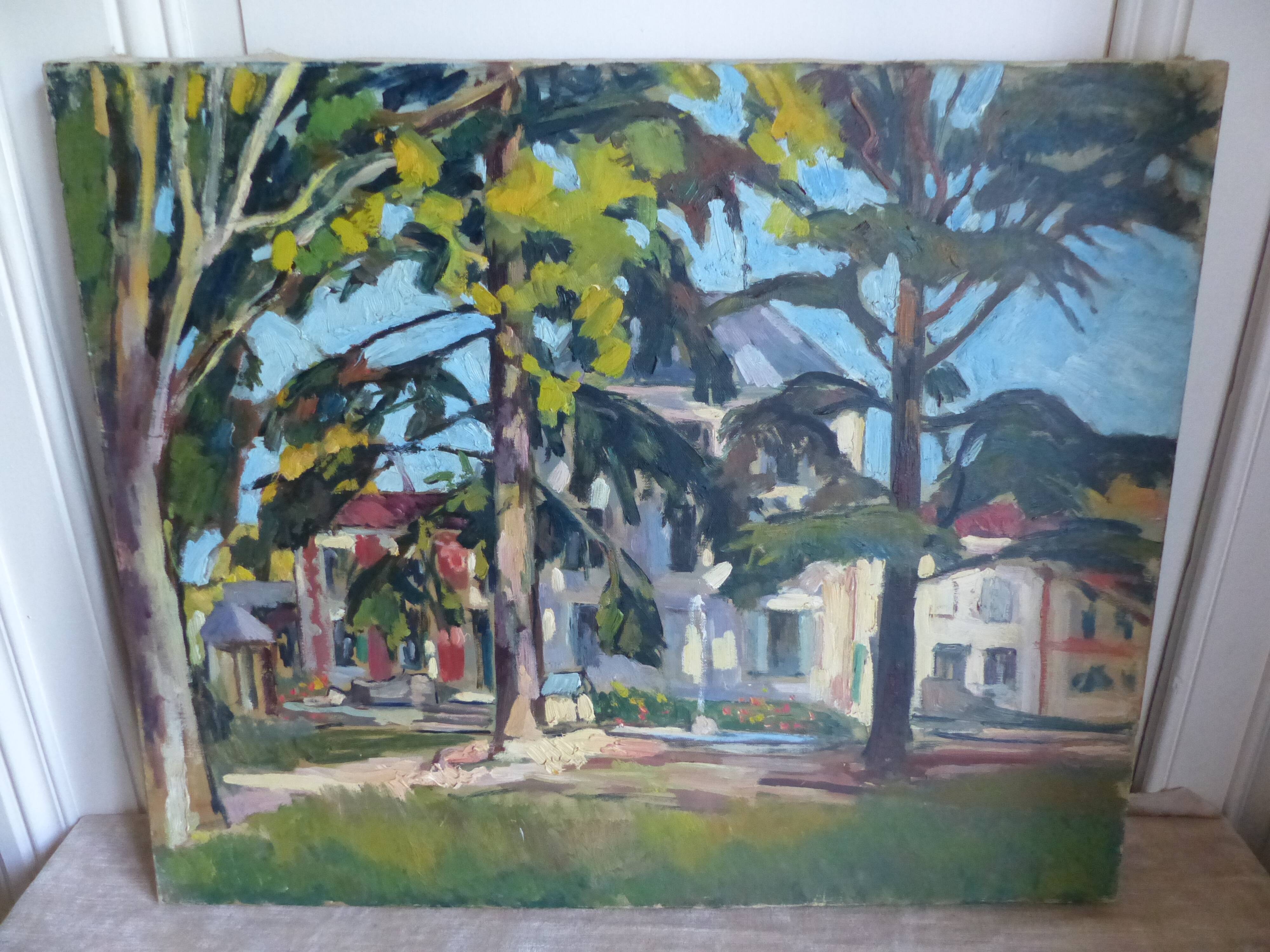 Oil on canvas, houses in a park
