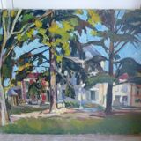 Oil on canvas, houses in a park