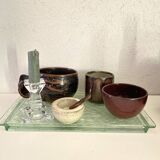 Plateau Art Déco en verre vert à décor de fleurs
