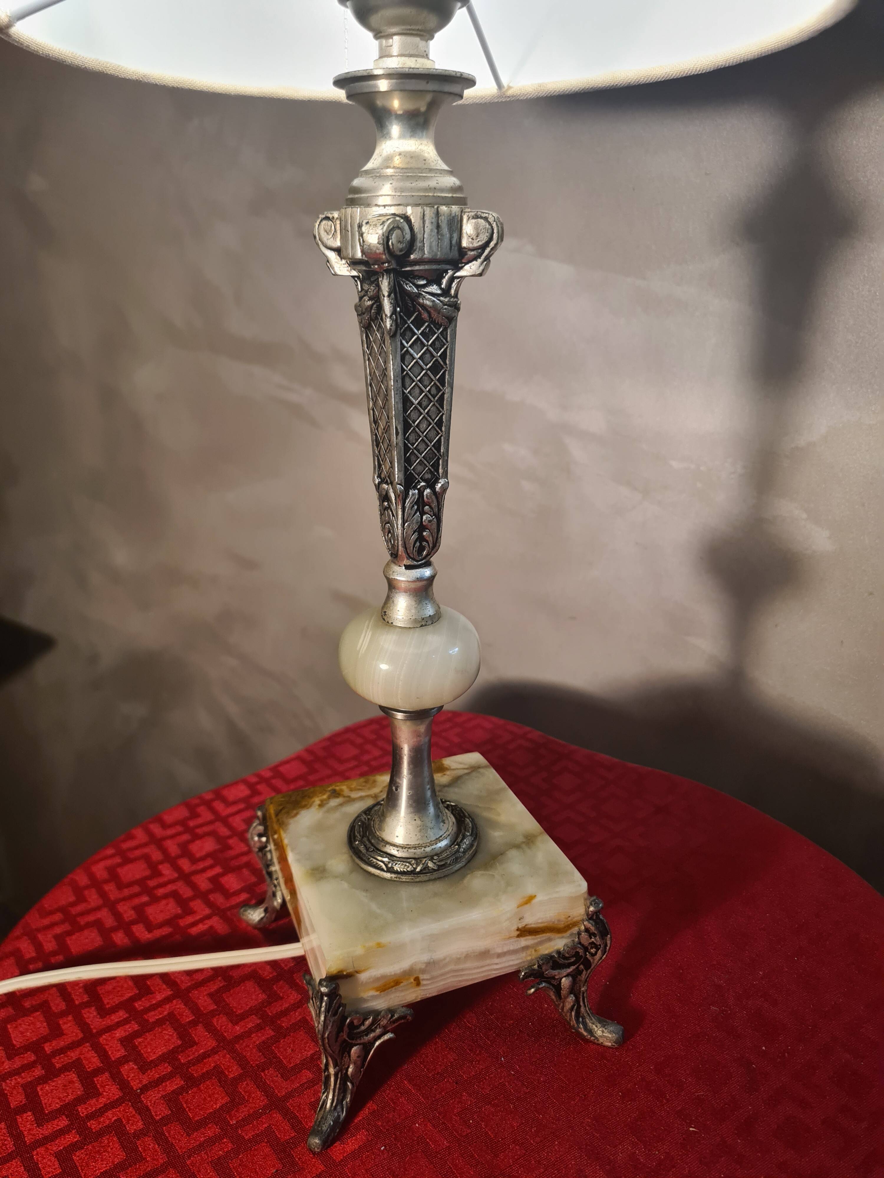 Onyx marble lamp 1970, new linen shade 53x23.