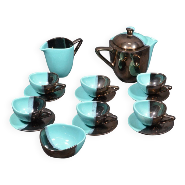 Service à café en faïence Vallauris noire et bleu turquoise