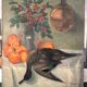 Painting still life orange duck bouquet oil on canvas signed