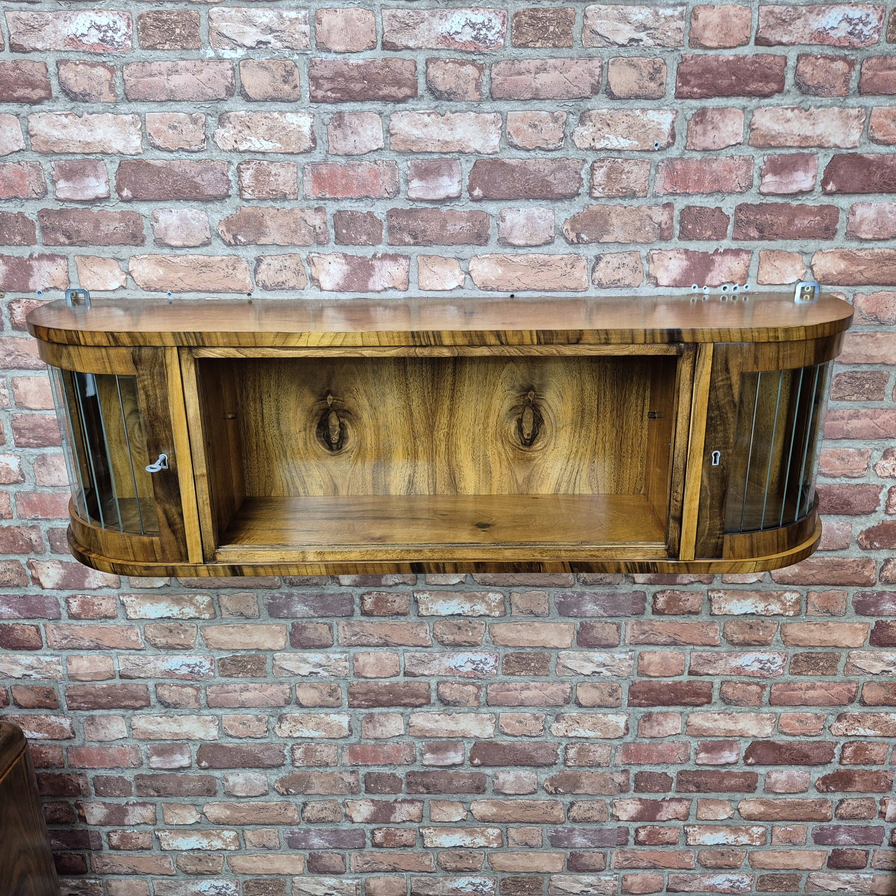 Rare 3-Zone Art Deco Walnut Wall Display Cabinet with Slatted Glass Doors