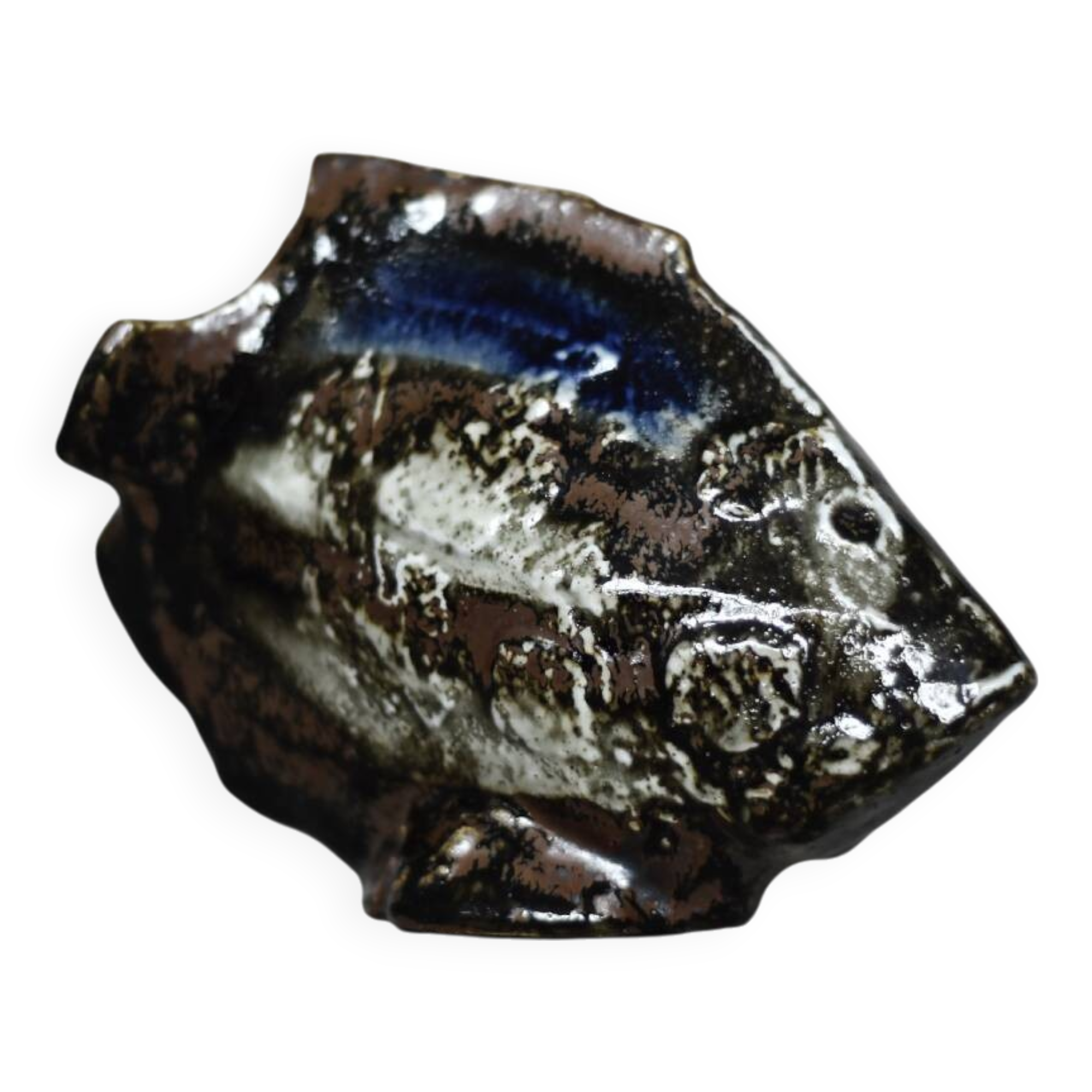 Brown stoneware and cobalt fish, vintage mid-century, modern and Scandinavian.