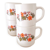 Lot de 4 tasses en opaline vintage - décor floral années 70