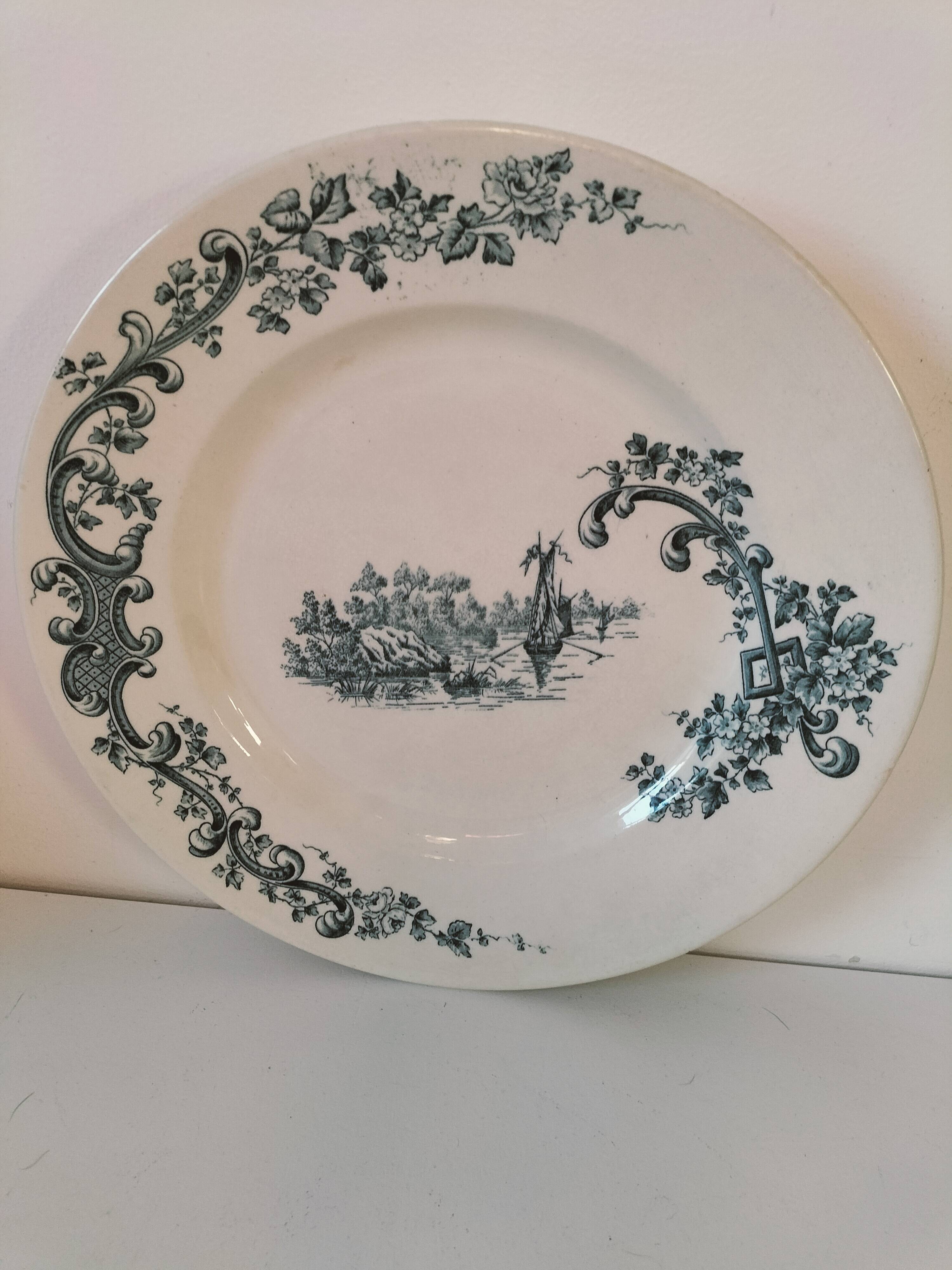 Large Longwy “Pompadour” blue-green plate – circa 1900