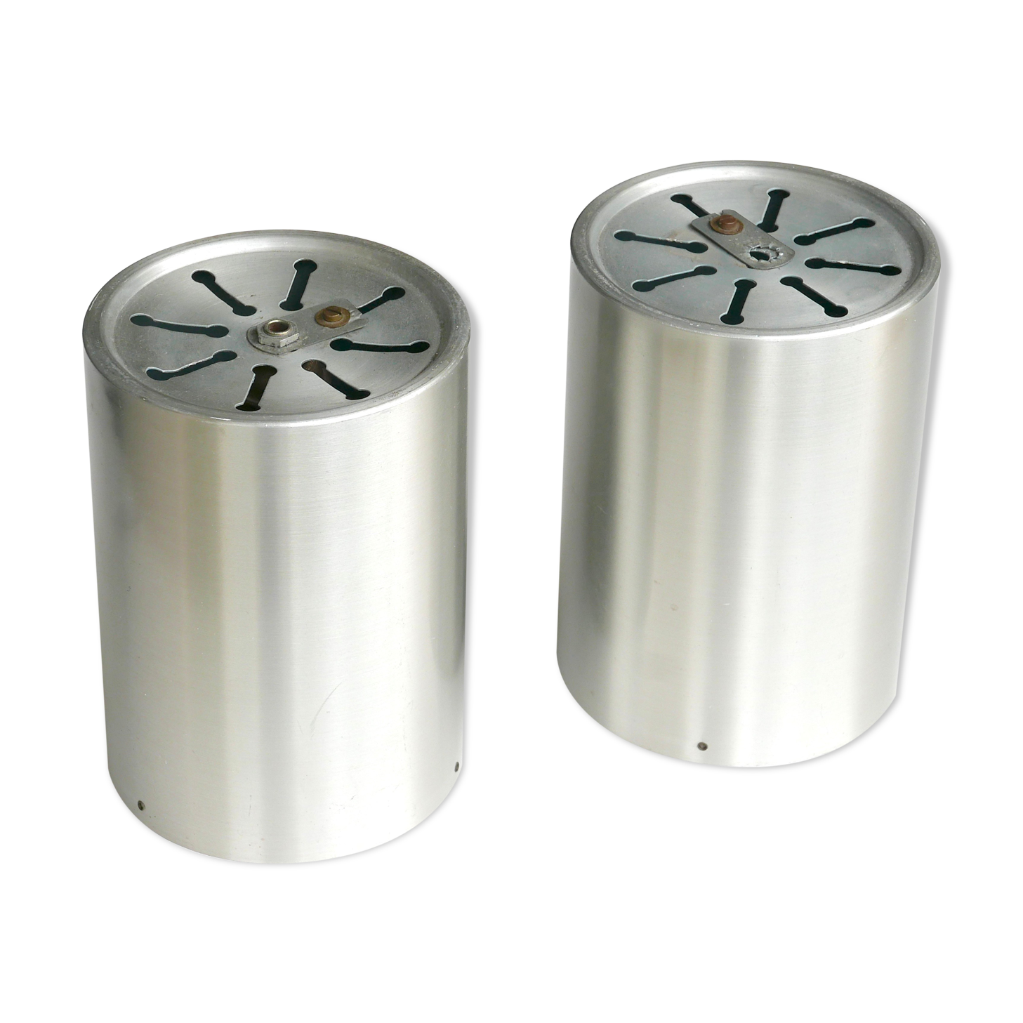 Pair of Rak Amsterdam cylindrical ceiling lights in brushed aluminum, 70s