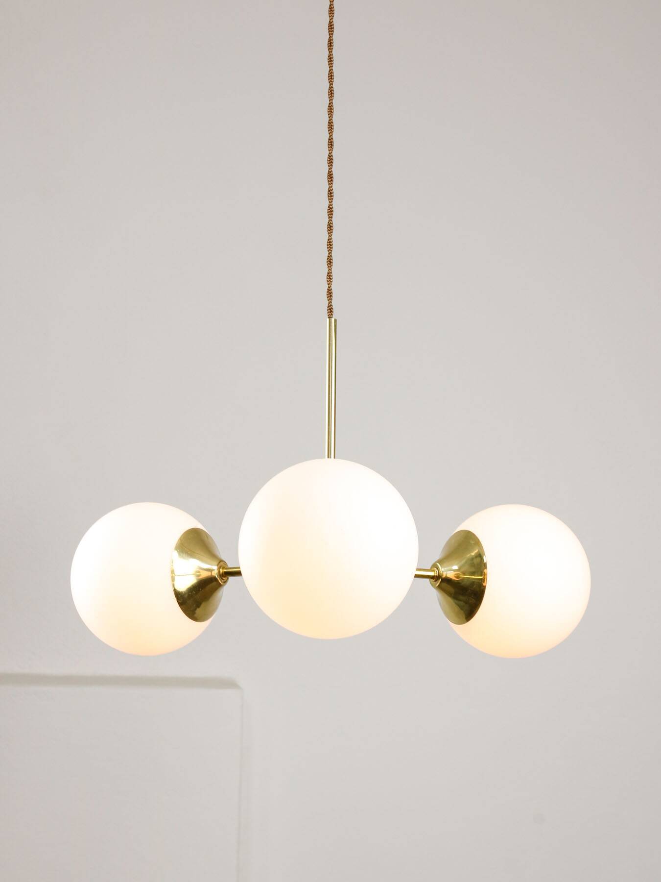 Mid-Century Modern Italian Chandelier in Brass and Opaline Glass, 1960s