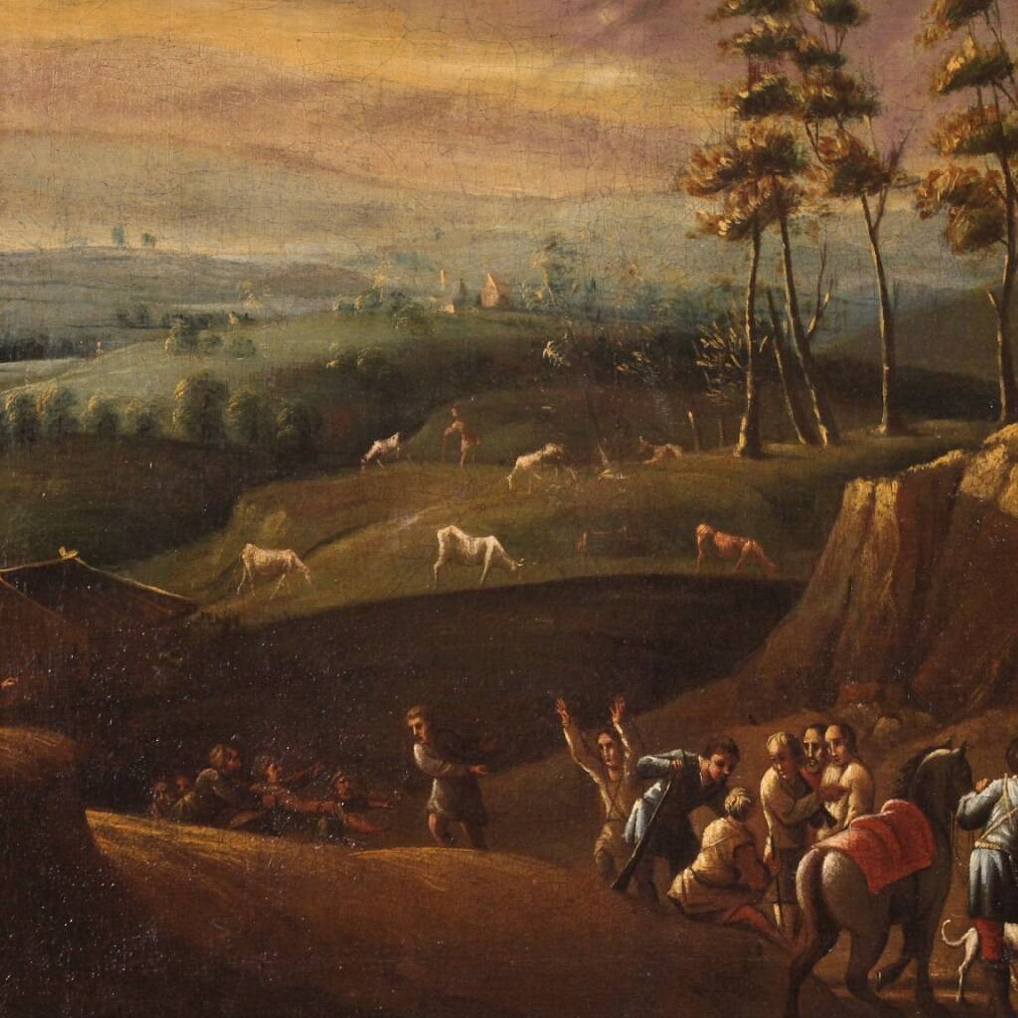 Painting oil on canvas landscape with wayfarers from the 18th century