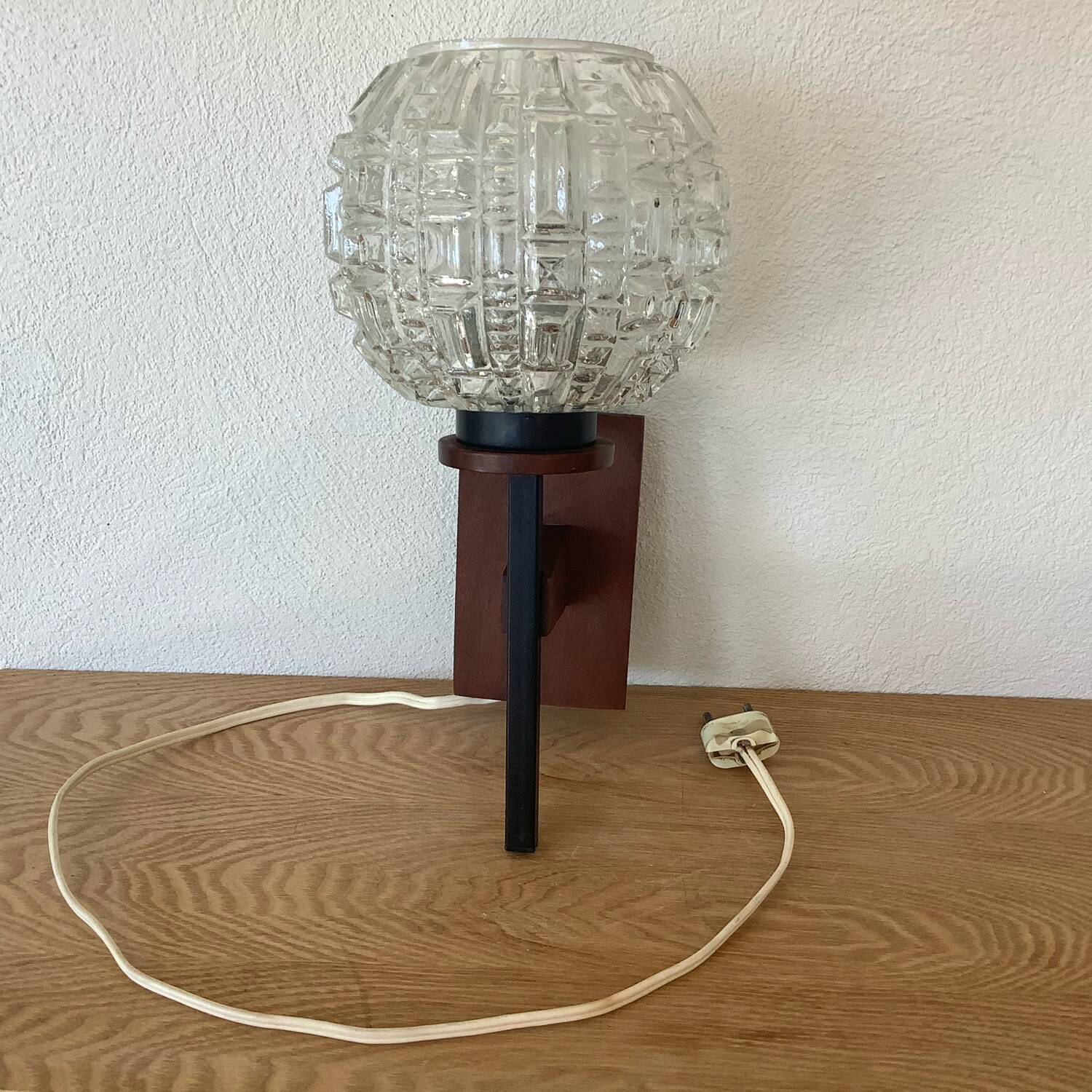 Vintage scandinavian wall lamp wood glass 1970s