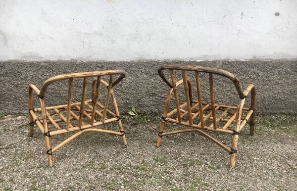 Paire de fauteuil en rotin et sa table ovale vintage