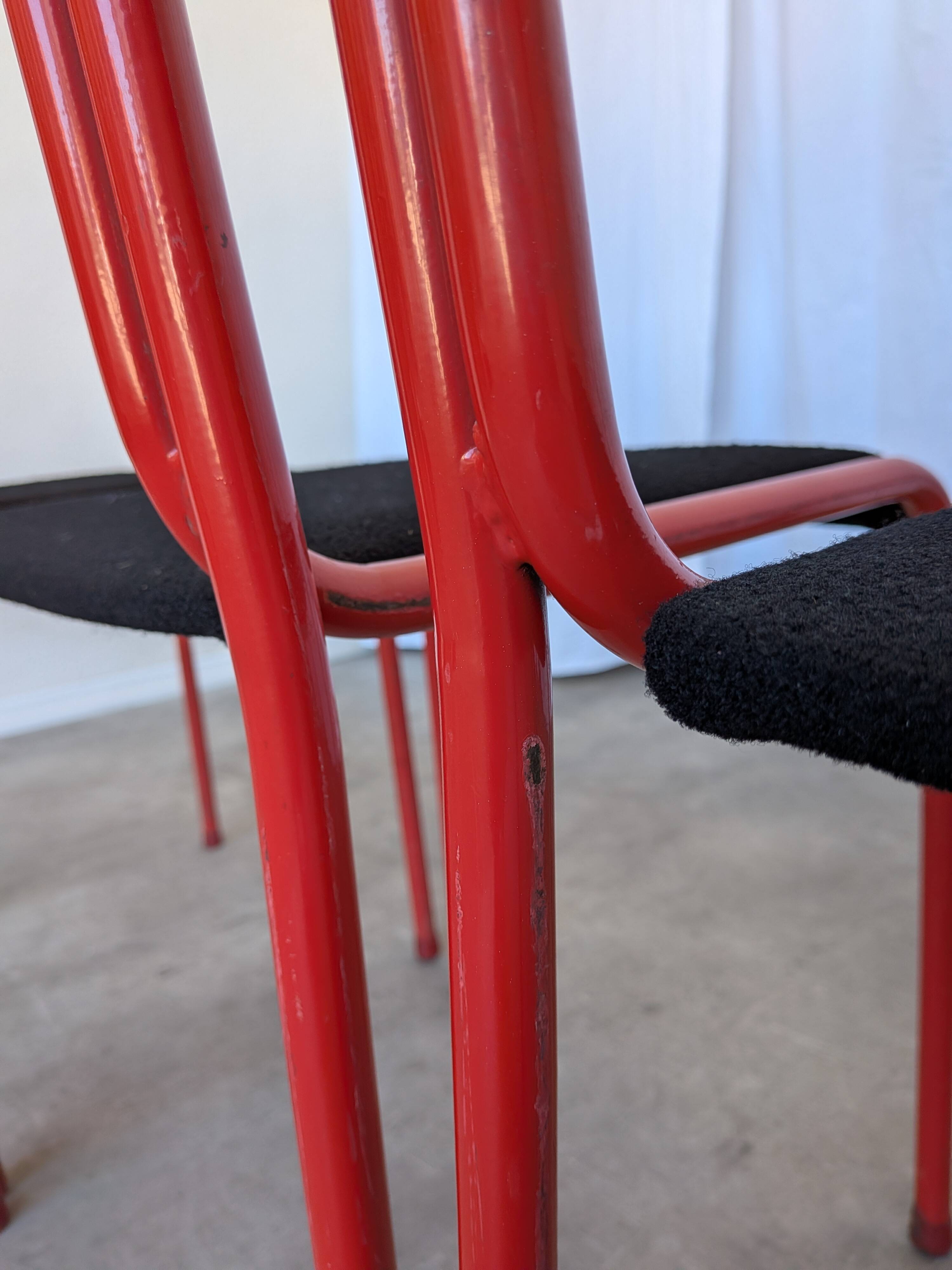 Set of 4 1970s Red & Black Metal Chair: Space Age Stackable Dining Chair