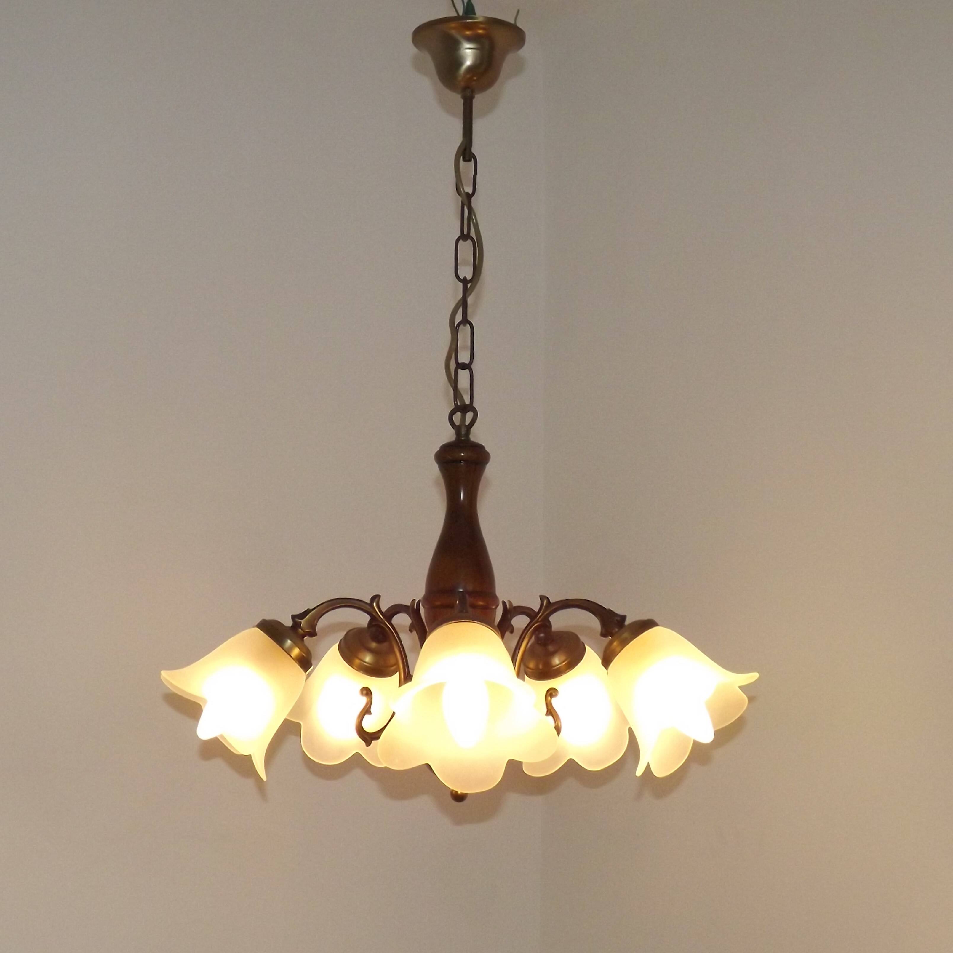 French Mid-Century Bronzed Metal & Wood 5-Light Chandelier with Glass Shades