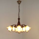 French Mid-Century Bronzed Metal & Wood 5-Light Chandelier with Glass Shades