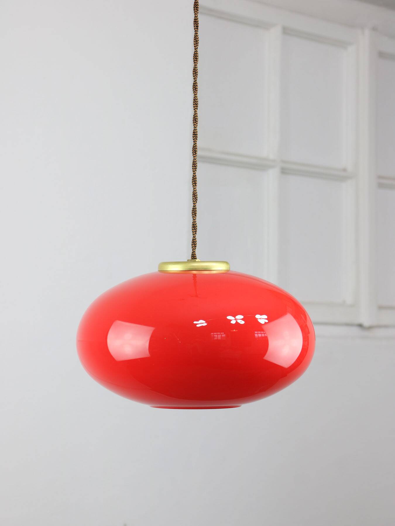 Mid-century Modern Italian Brass and Red Glass Pendant Lamp, 1960s