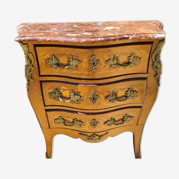 Commode 3 tiroirs avec dessus marbre marron marquettee style 19e siecle
