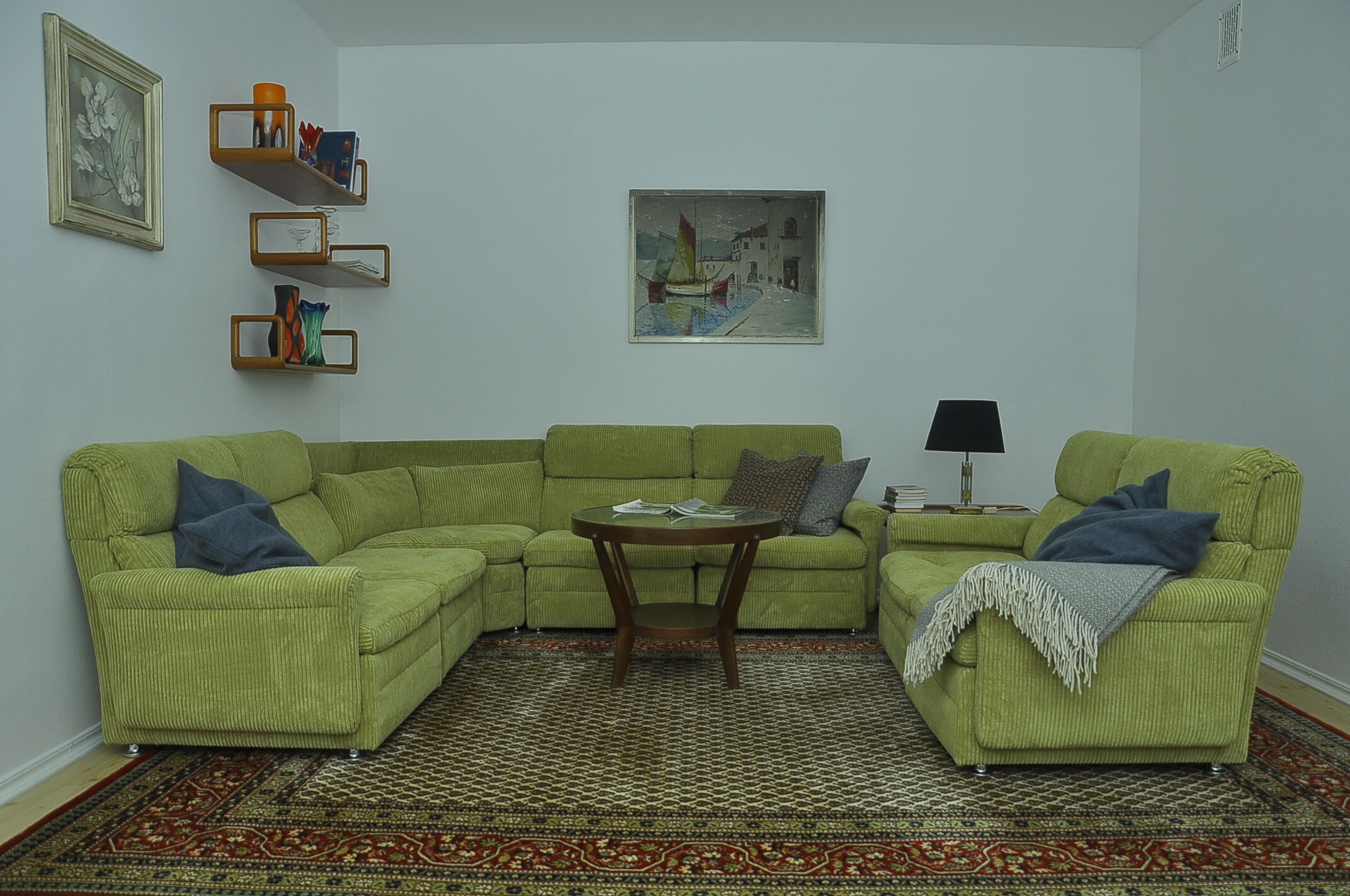 Green corduroy modular sofa from the 70s, 7 pieces