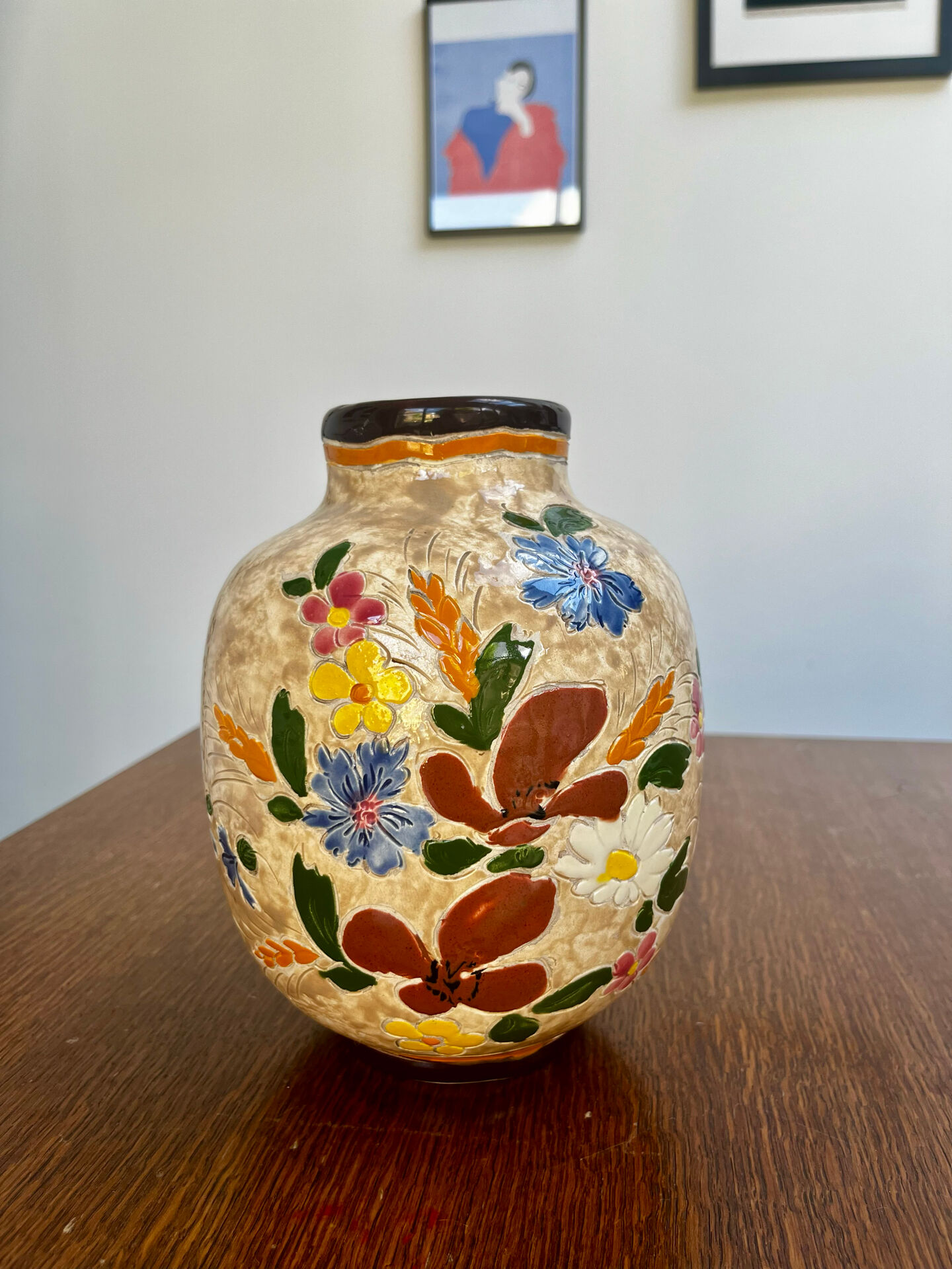 Ceramic vase by J. Massier Vallauris with floral decoration.