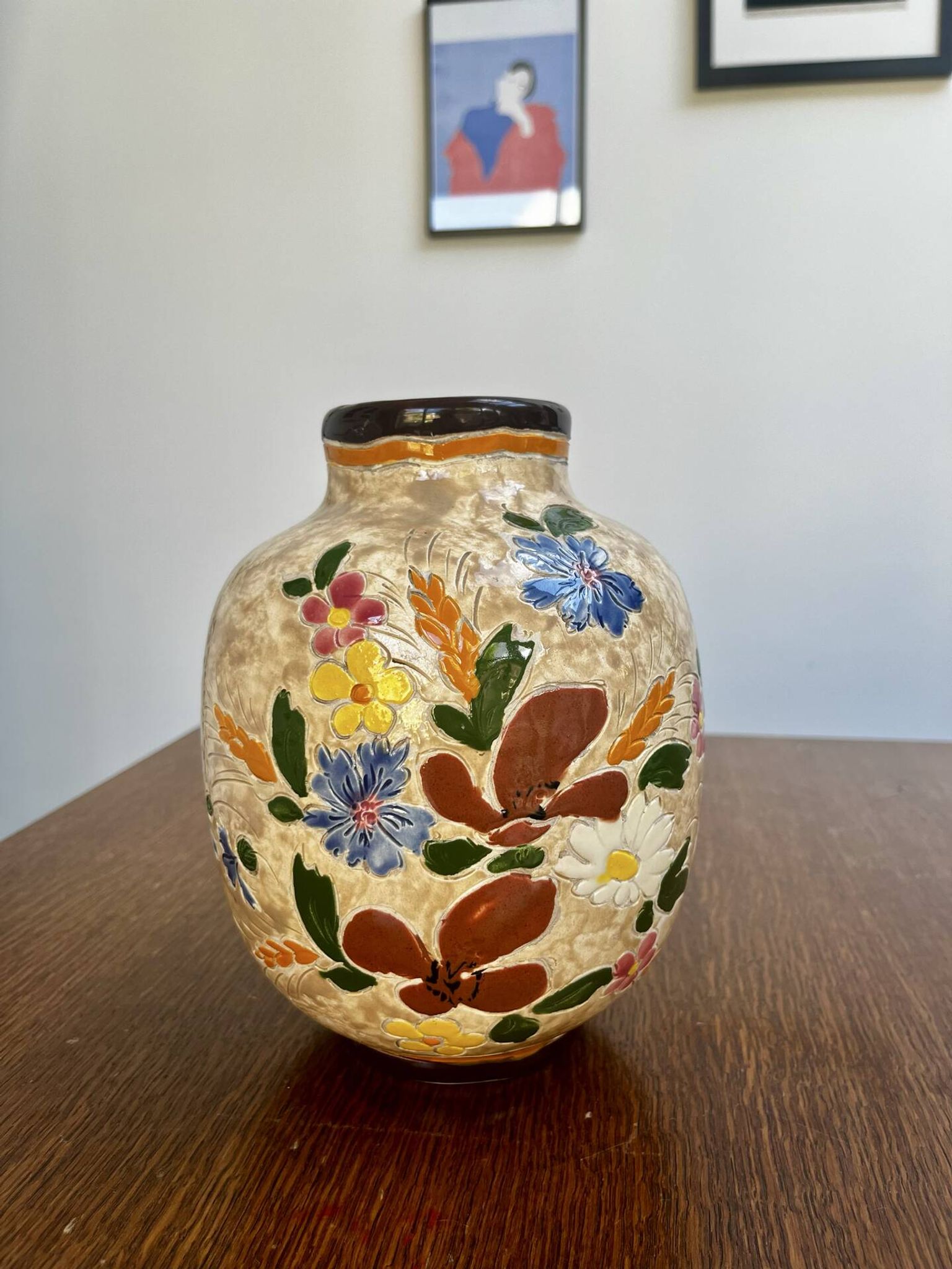 Ceramic vase by J. Massier Vallauris with floral decoration.