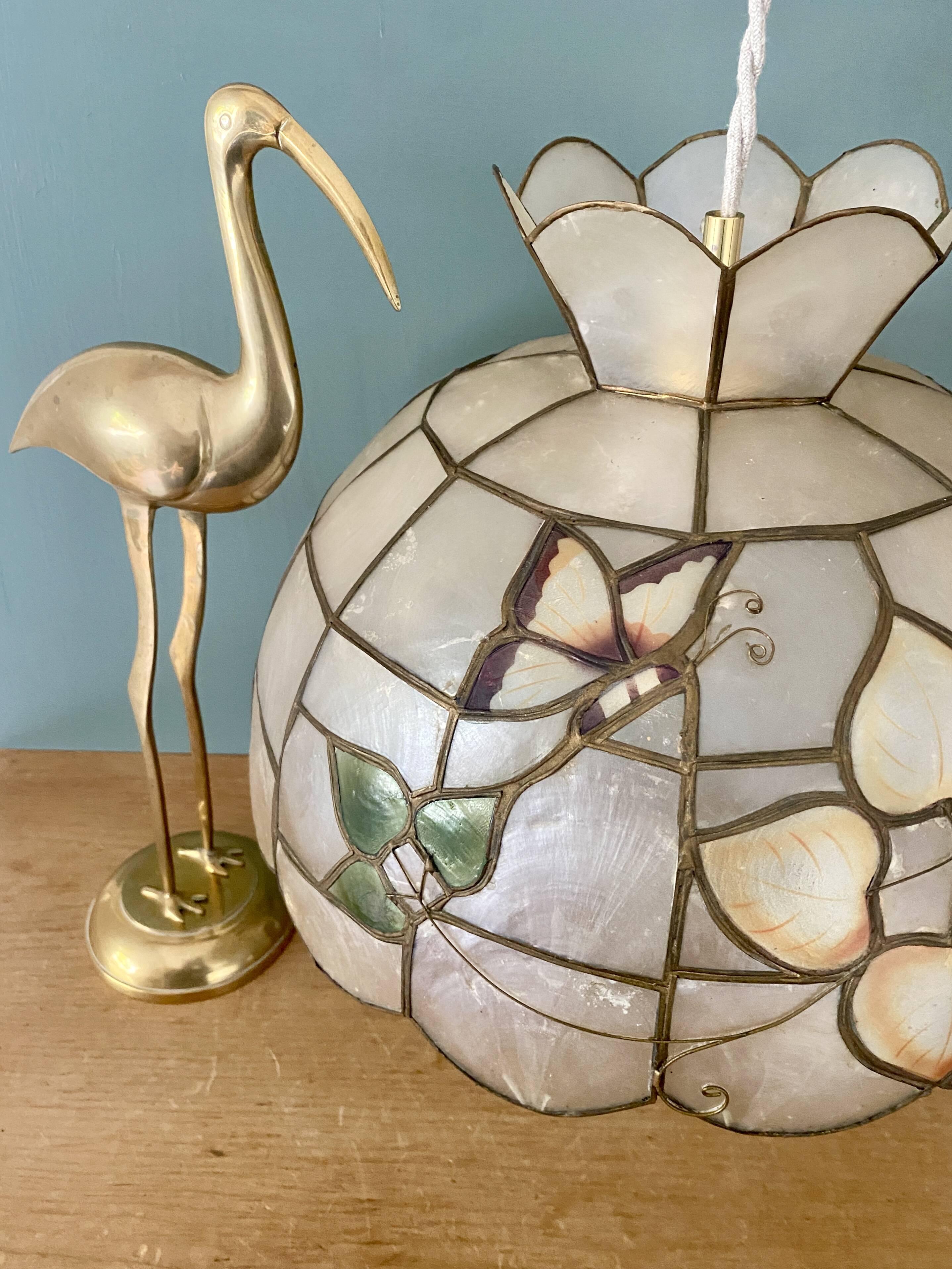 Vintage mother-of-pearl and brass lampshade pendant with flower and butterfly decorations