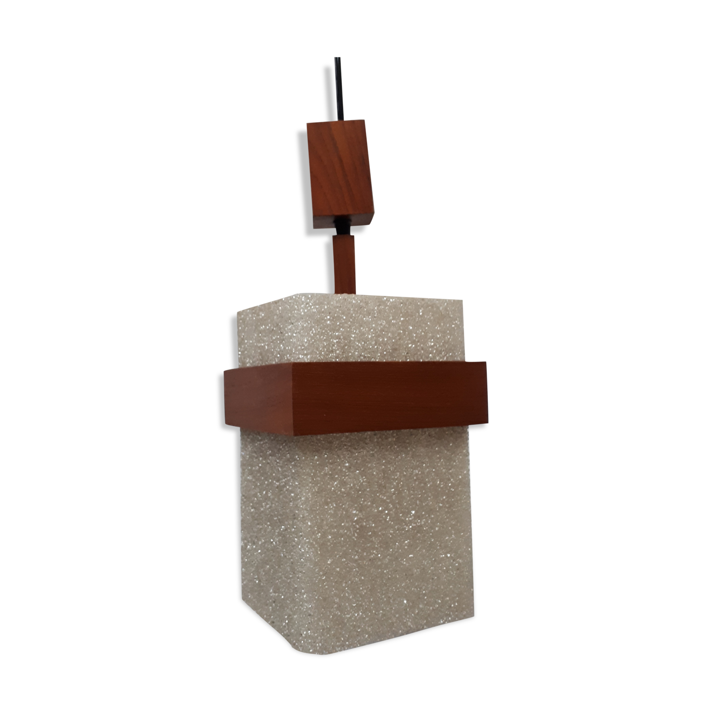 Lampe suspension bois teck et plexis vintage 1970