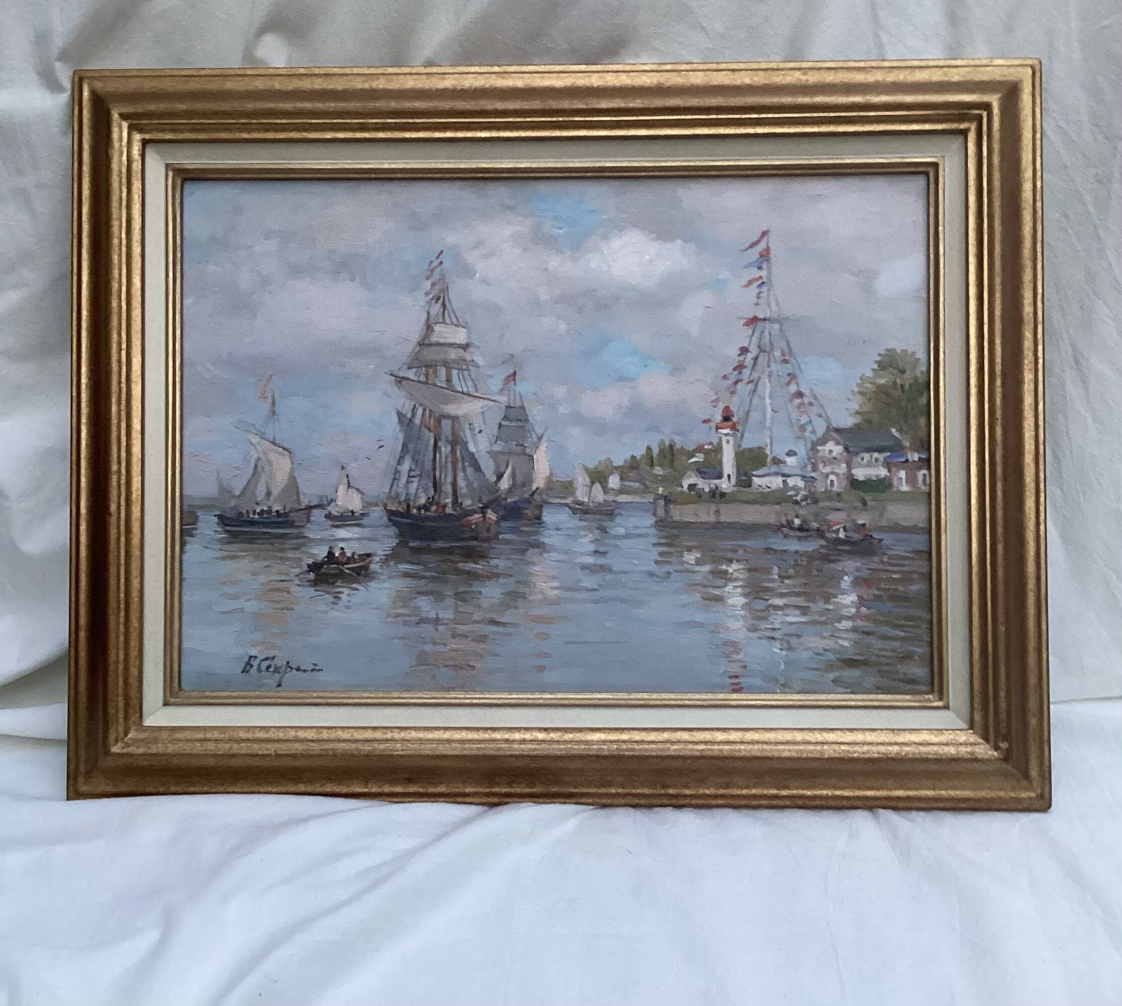 Signed framed painting Oil on canvas “Honfleur” dimensions: height -49cm- width -63 cm-