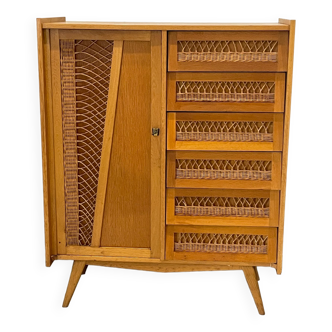 Children's wardrobe in wood and rattan with so-called Parisian compass feet