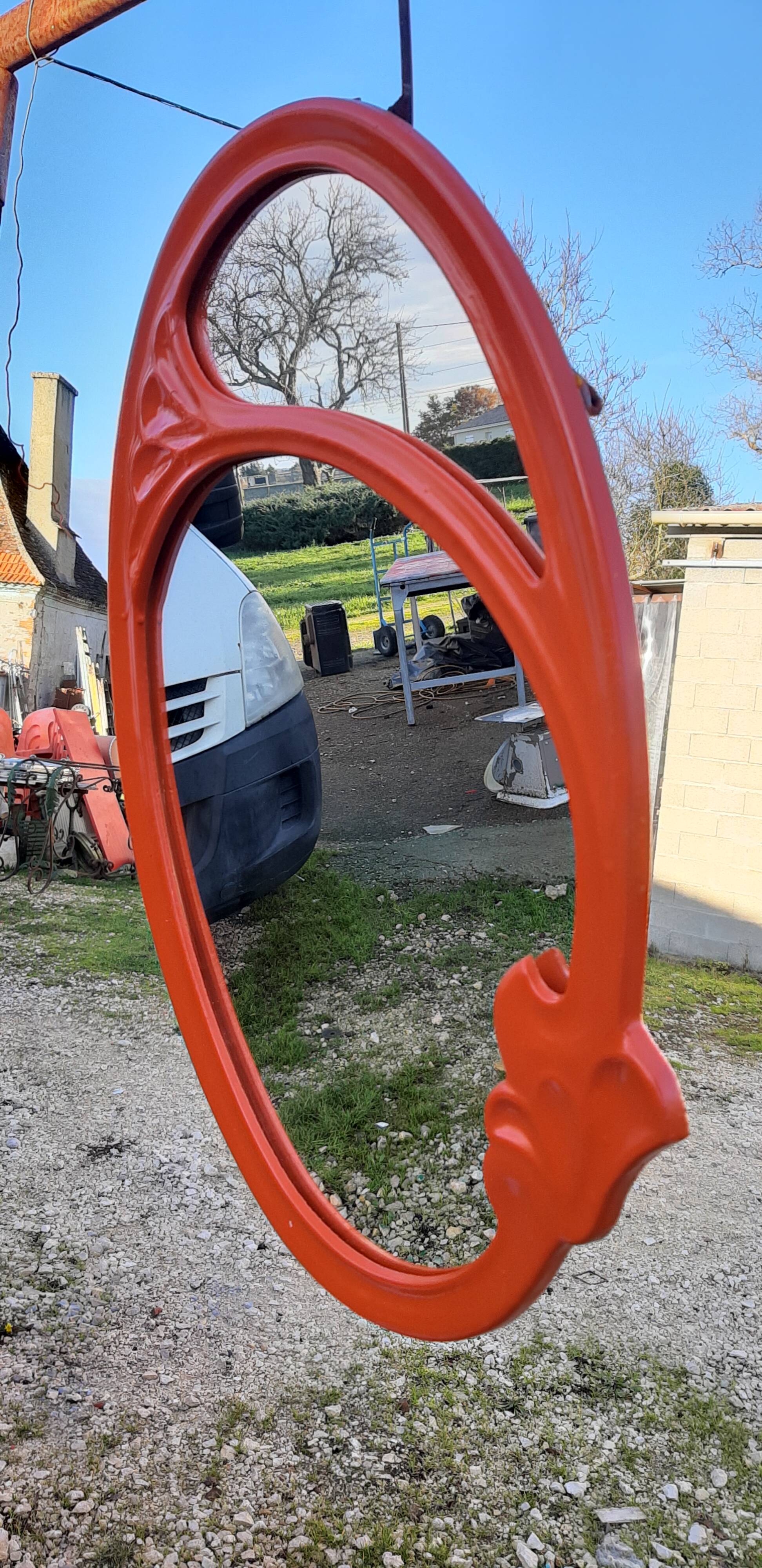 Vintage mirror enamelled cast iron orange