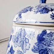 Large vintage Chinese handcrafted glazed ceramic pot with blue flower pattern