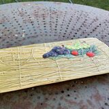 Rectangular cake dish in enameled ceramic, slip, fruit model, straw effect, vintage