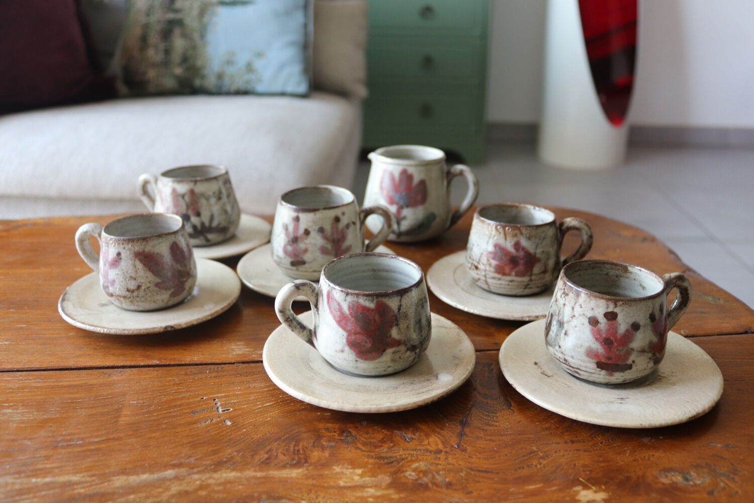 Stoneware coffee service signed Gustave Le Murier – 6 cups, 6 saucers