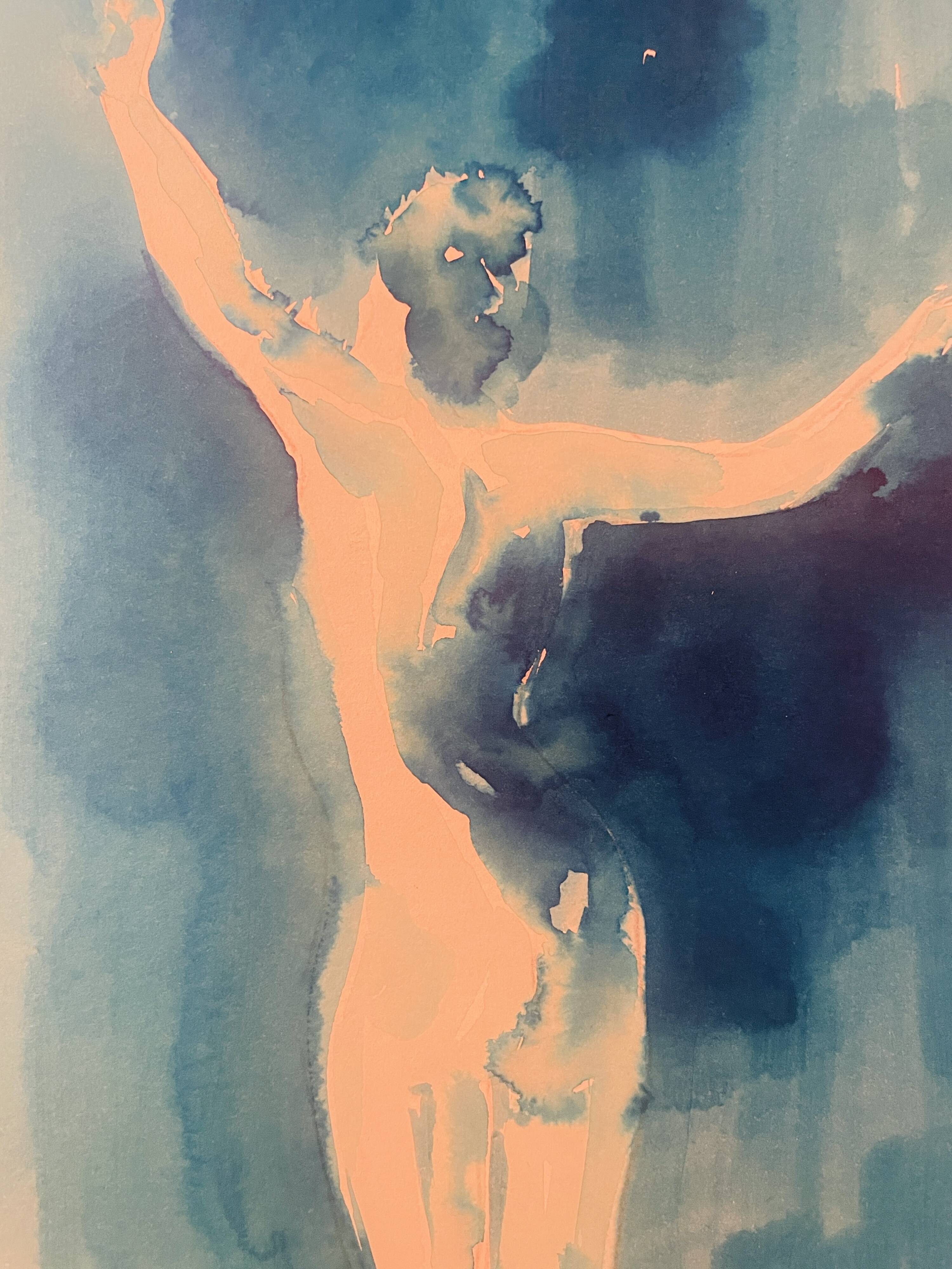 Monochrome blue watercolour tableau collection "Blue Lady" Dance, signed.