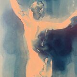 Monochrome blue watercolour tableau collection "Blue Lady" Dance, signed.