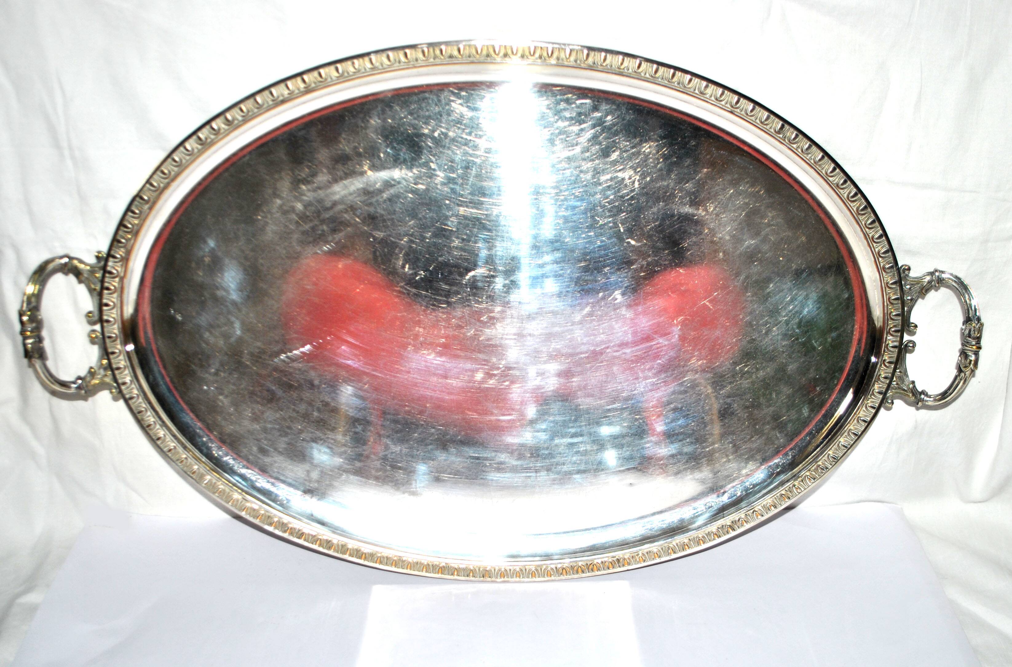 Grand plateau en métal argenté 75x40cm Orfèvre Poirier Dumonteil 1900