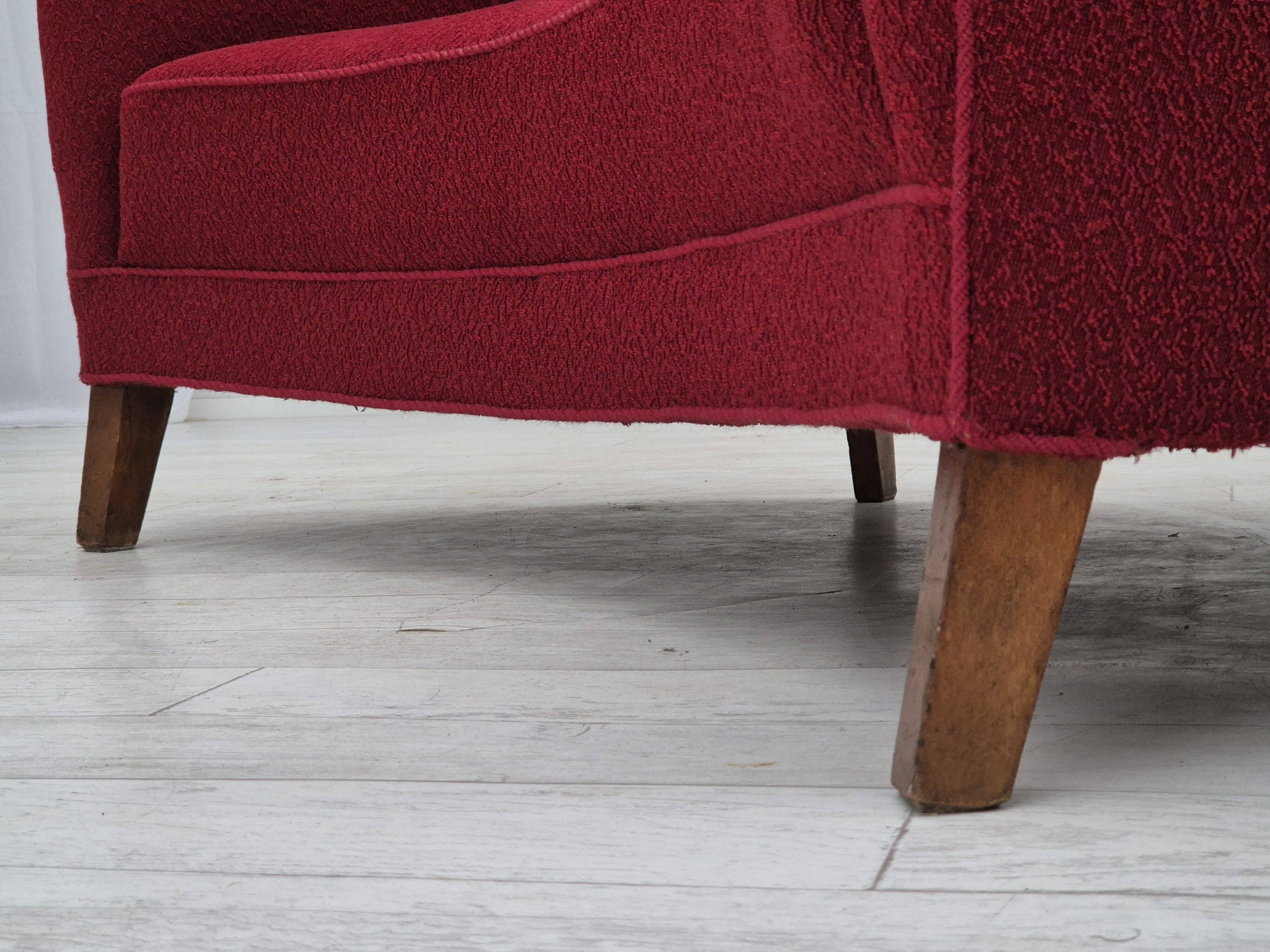 1960s, Danish 2-seater curved sofa, original red furniture fabric.