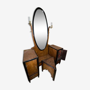 Psyche / Art Deco dressing table 30s in Walnut Magnifying Glass Wood with its stool, drawers and lamps