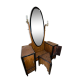 Coiffeuse art déco années 30 en bois de loupe de noyer avec son tabouret, tiroirs et lampes
